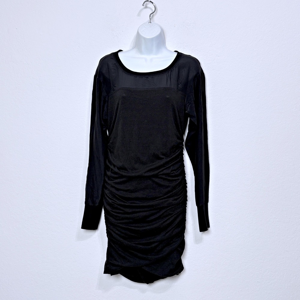 NWT Pam & Gela Ruched Long Sleeve Mesh Mini BodyconDress Edgy Black Women S